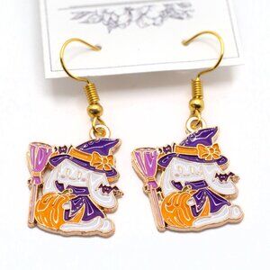 Handmade Enamel Halloween Witch Bunny with Broom Dangle Earrings, New